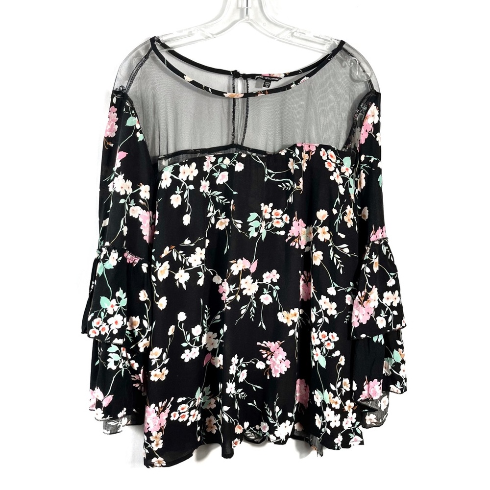 Unique Spectrum Black Floral Ruffle Bell Sleeve Mesh Cutout Neck Plus Size Top